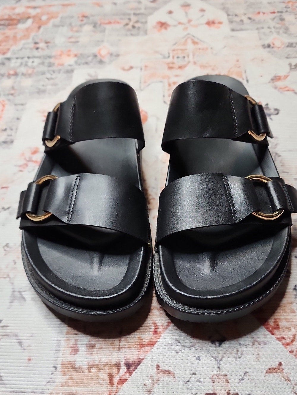 Women's Black Double-Band Slide Sandals with Gold Buckles